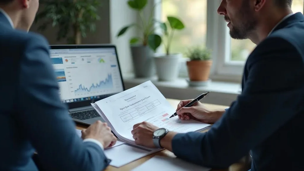 Finance lead and marketing lead reviewing a single printed performance page together at a desk