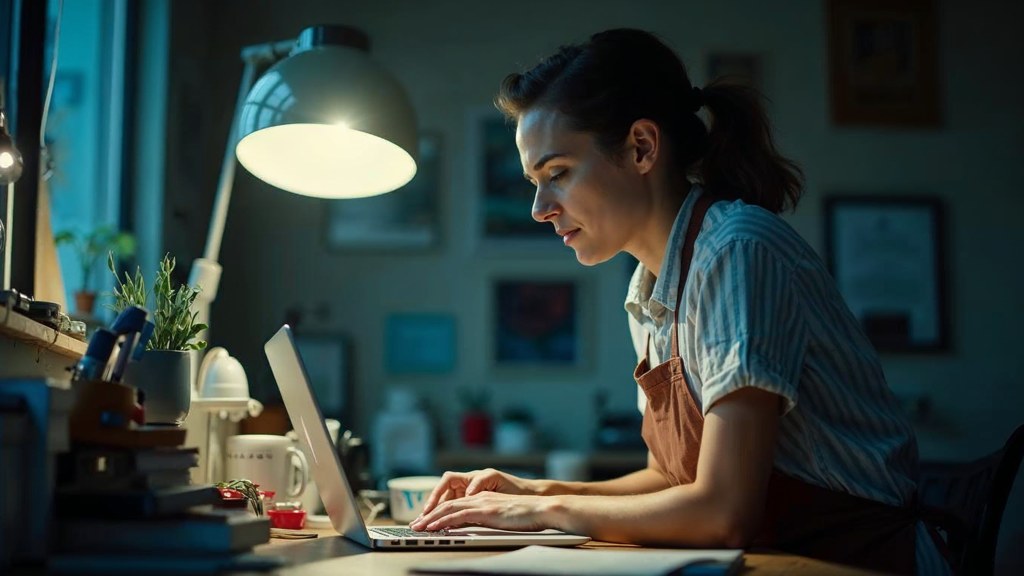 A small-business owner in an apron leaning over a laptop on a cluttered back-office desk late in the day, photographed in Los Angeles