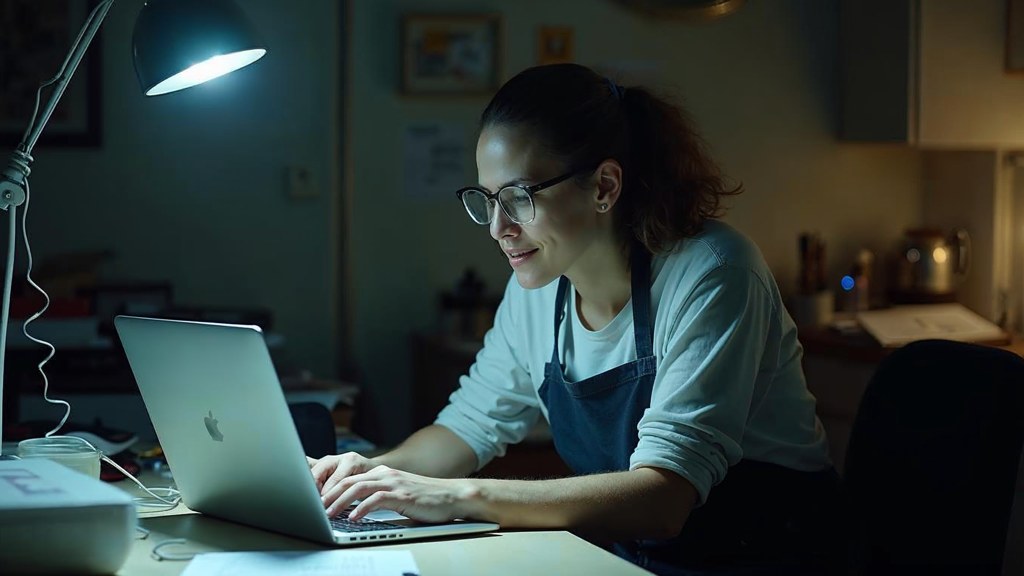 A small-business owner in an apron leaning over a laptop on a cluttered back-office desk late in the day, photographed in Los Angeles
