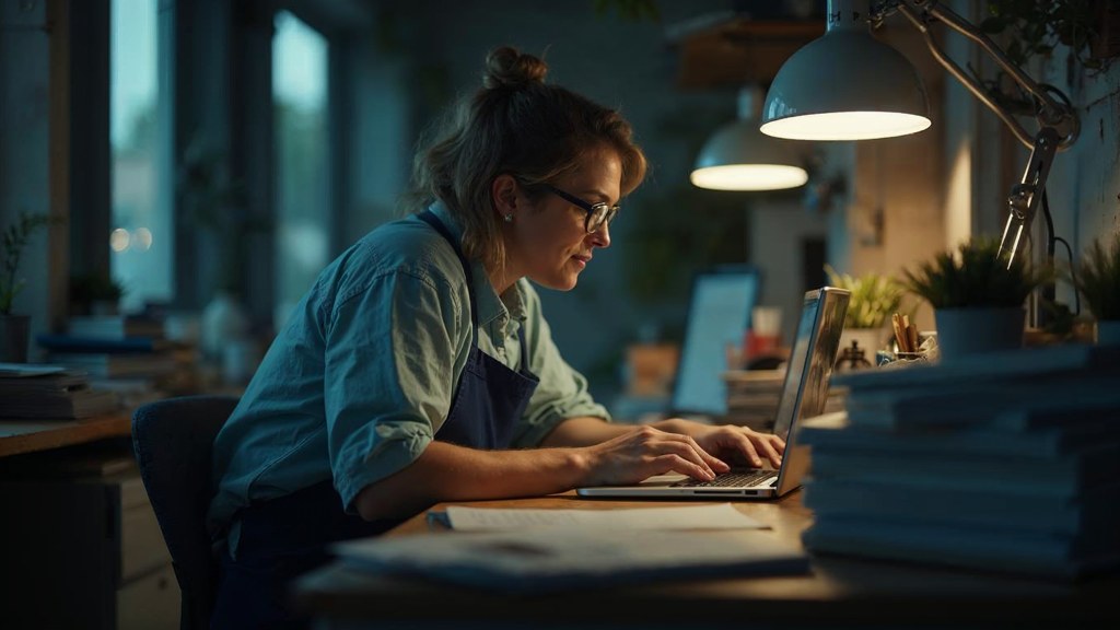 A small-business owner in an apron leaning over a laptop on a cluttered back-office desk late in the day, photographed in Los Angeles