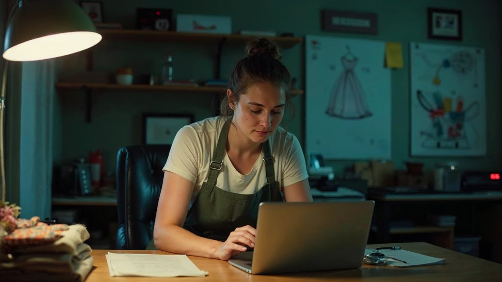 A small-business owner in an apron leaning over a laptop on a cluttered back-office desk late in the day, photographed in Los Angeles