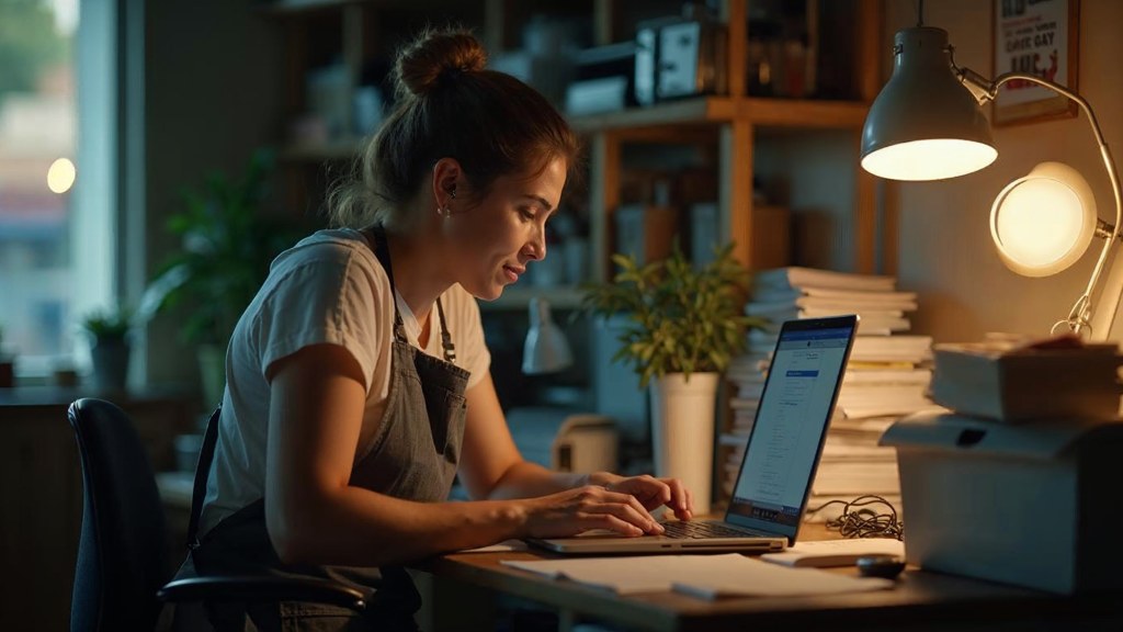 A small-business owner in an apron leaning over a laptop on a cluttered back-office desk late in the day, photographed in Los Angeles