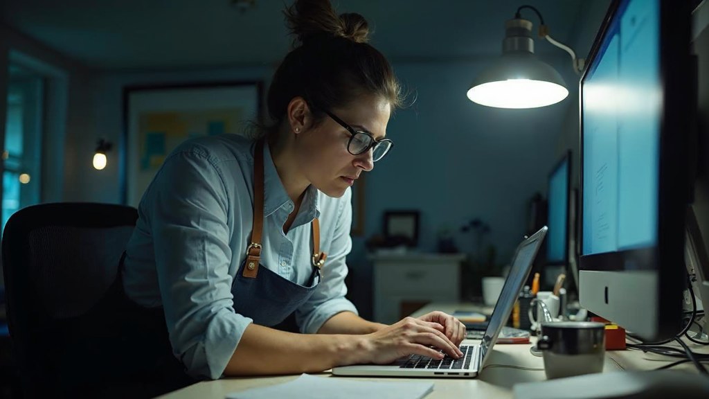 A small-business owner in an apron leaning over a laptop on a cluttered back-office desk late in the day, photographed in Los Angeles