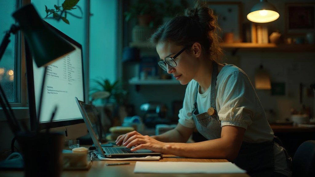 A small-business owner in an apron leaning over a laptop on a cluttered back-office desk late in the day, photographed in Los Angeles