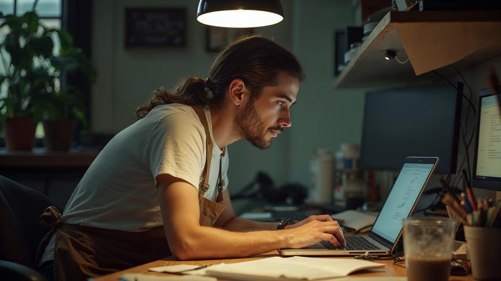 A small-business owner in an apron leaning over a laptop on a cluttered back-office desk late in the day, photographed in Los Angeles