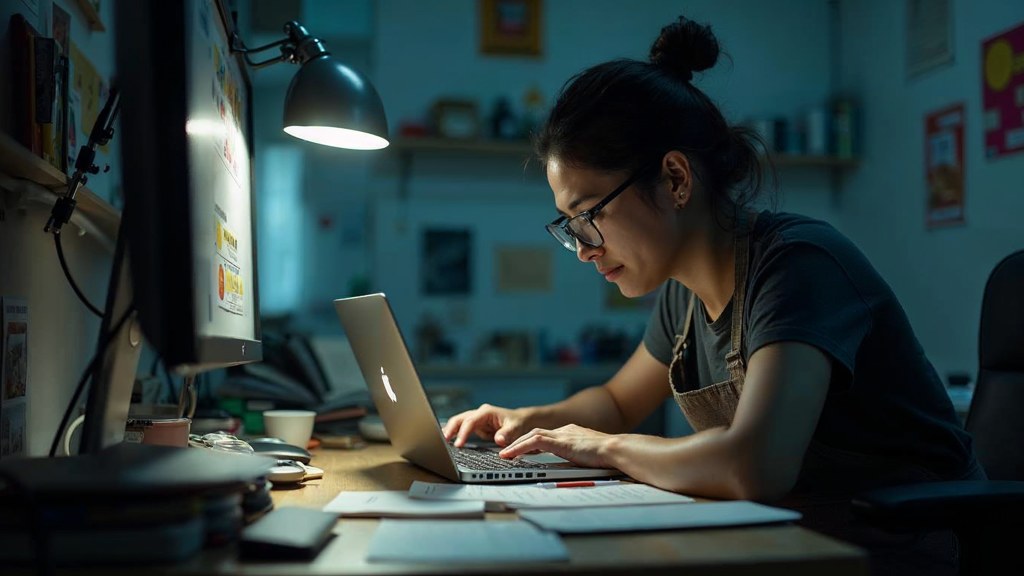 A small-business owner in an apron leaning over a laptop on a cluttered back-office desk late in the day, photographed in Los Angeles