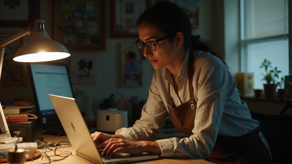 A small-business owner in an apron leaning over a laptop on a cluttered back-office desk late in the day, photographed in Los Angeles