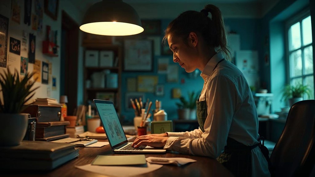 A small-business owner in an apron leaning over a laptop on a cluttered back-office desk late in the day, photographed in Louisville