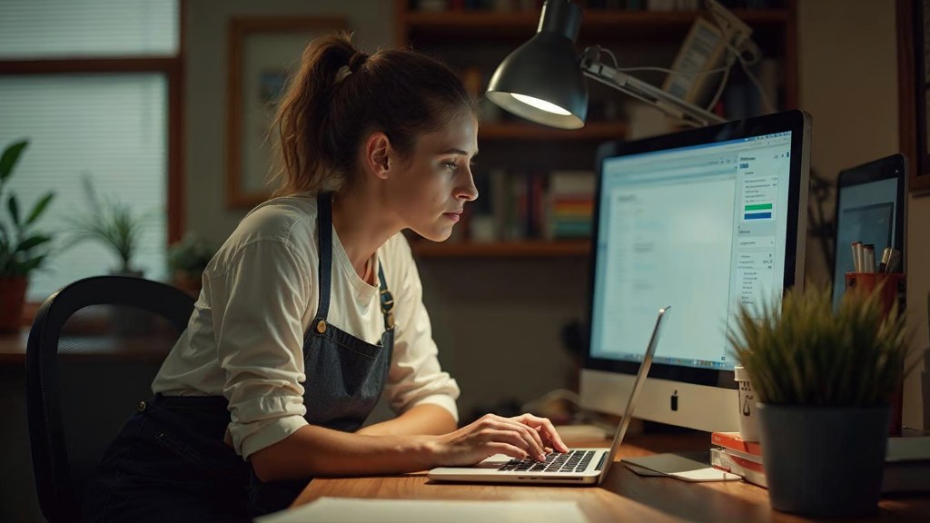 A small-business owner in an apron leaning over a laptop on a cluttered back-office desk late in the day, photographed in Louisville