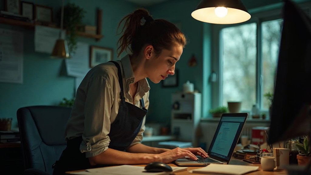 A small-business owner in an apron leaning over a laptop on a cluttered back-office desk late in the day, photographed in Louisville