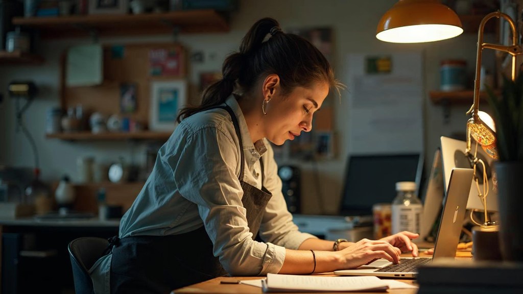A small-business owner in an apron leaning over a laptop on a cluttered back-office desk late in the day, photographed in Louisville