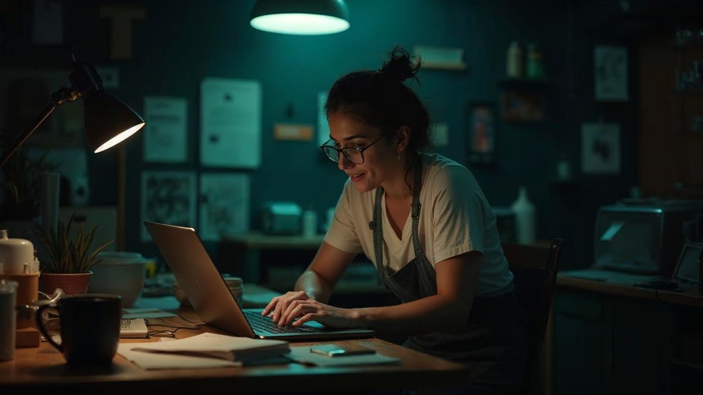 A small-business owner in an apron leaning over a laptop on a cluttered back-office desk late in the day, photographed in Louisville