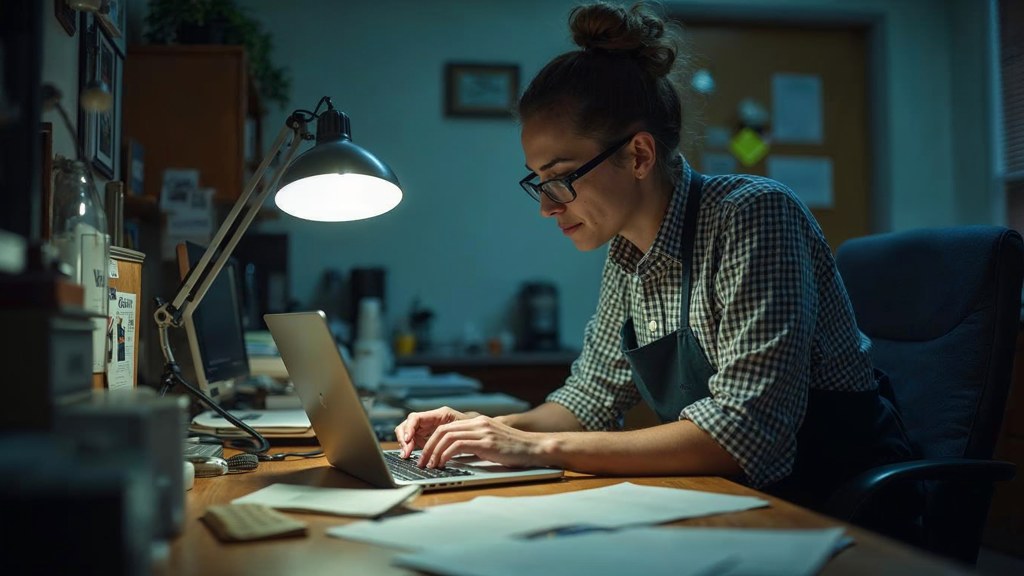 A small-business owner in an apron leaning over a laptop on a cluttered back-office desk late in the day, photographed in Louisville