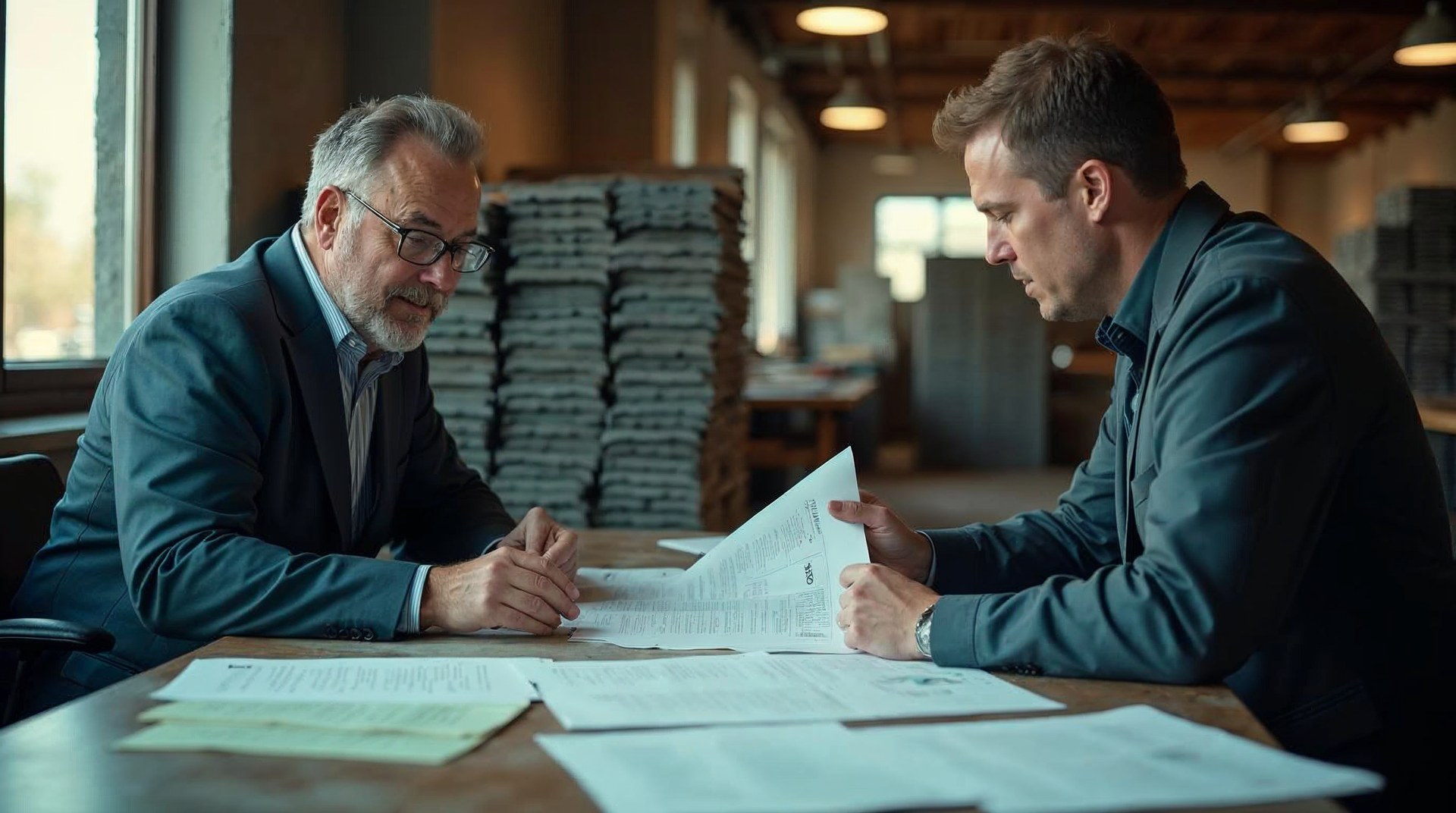 Roofing group owner and production manager reviewing a printed job mix summary in a contractor yard office