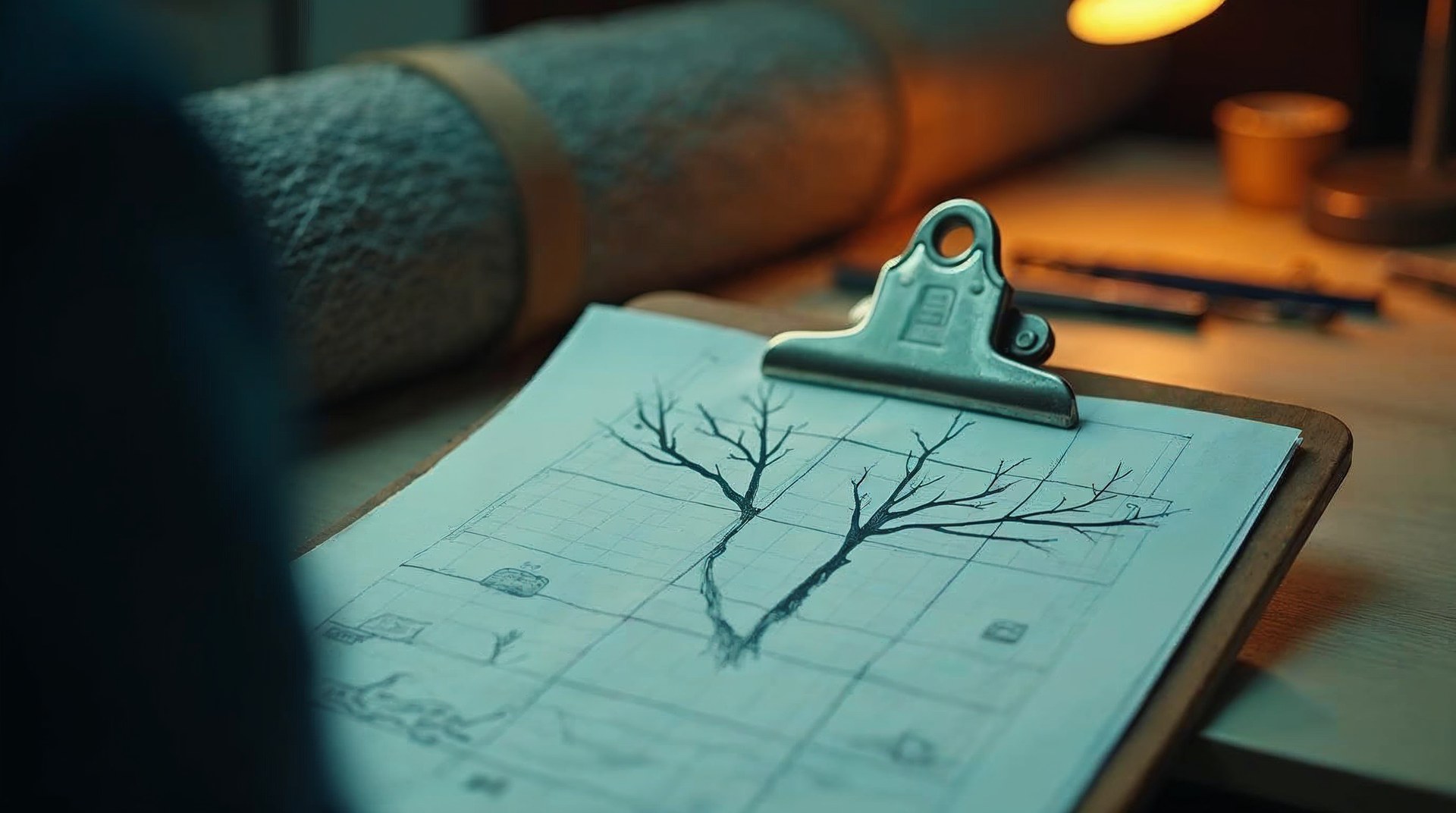 Hand-drawn branch comparison chart on grid paper clipped to a clipboard in a roofing supply yard