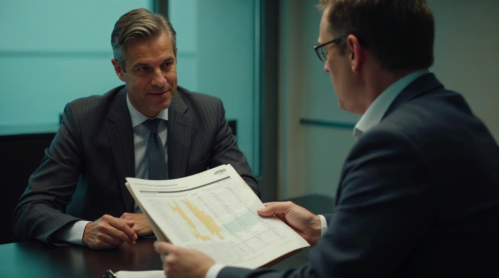 Franchise brand president and development director reviewing a printed unit performance report in a boardroom