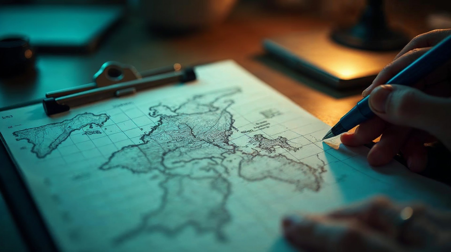 Hand-drawn territory map sketch on grid paper clipped to a clipboard beside a felt-tip pen