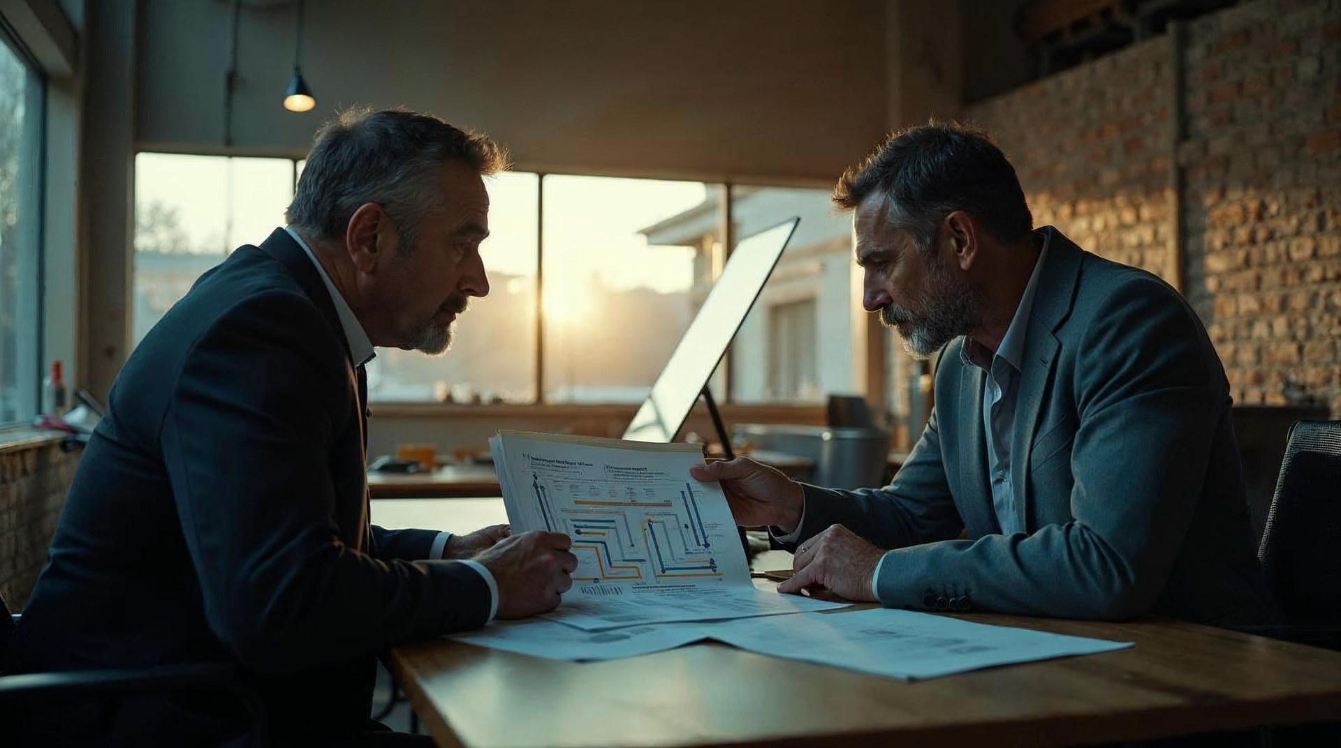 Solar company founder and sales director reviewing a printed installation pipeline report in a warehouse office