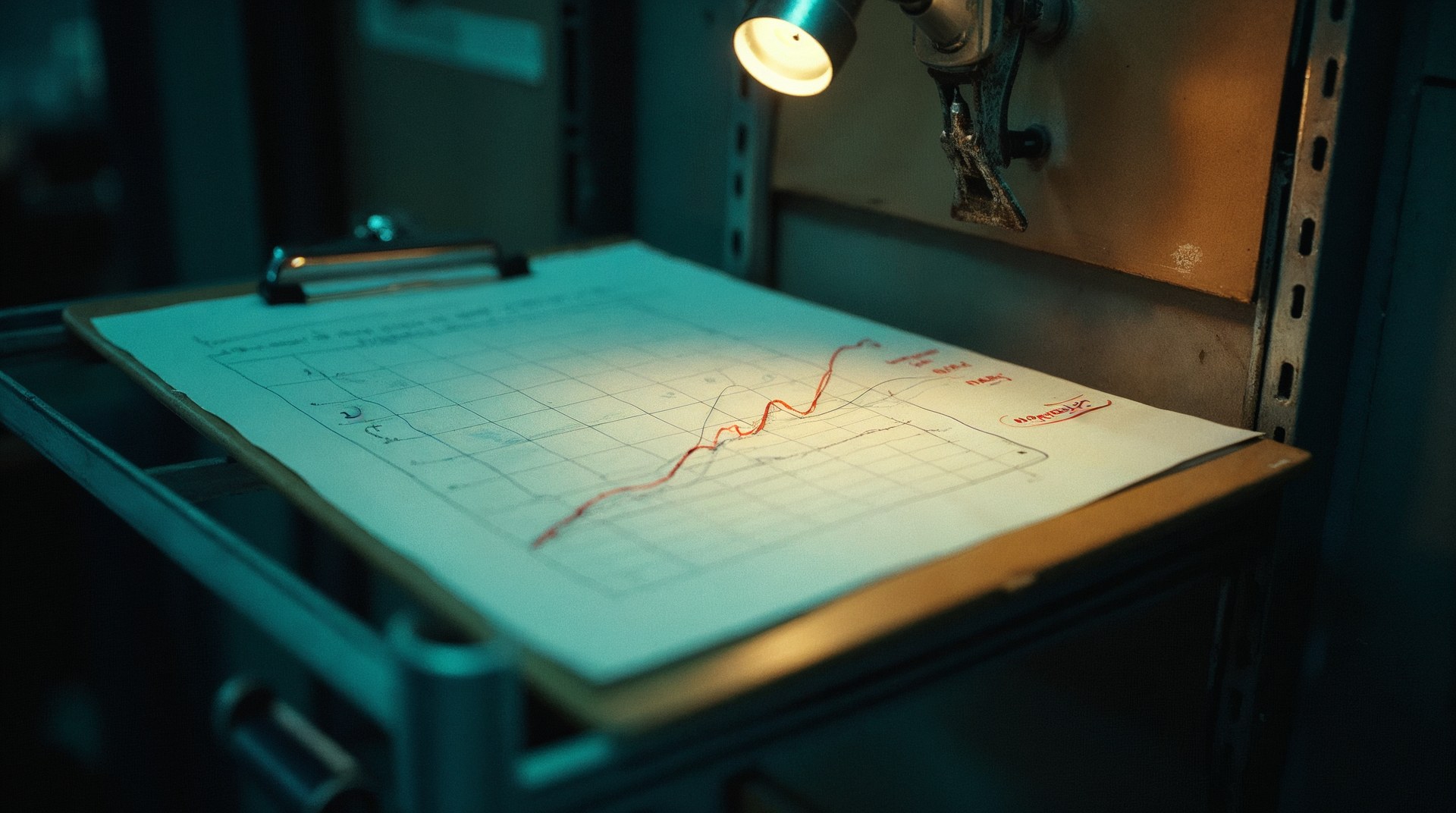 Hand-drawn install throughput curve on grid paper clipped to a clipboard on a metal shelf
