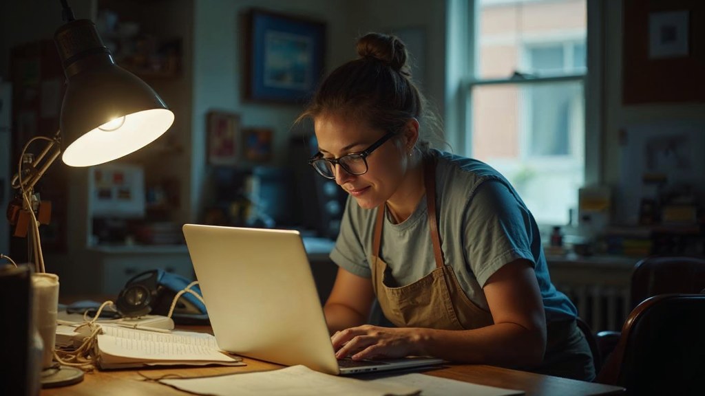 A small-business owner in an apron leaning over a laptop on a cluttered back-office desk late in the day, photographed in Louisville