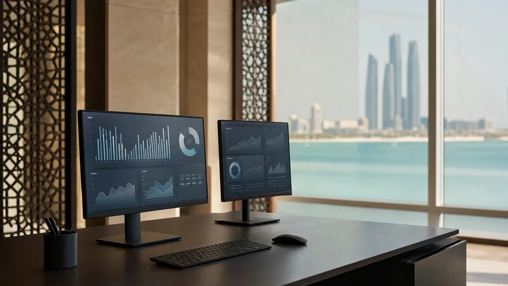Editorial photograph of an Abu Dhabi office with pale stone walls, dark timber mashrabiya screens and bright gulf light