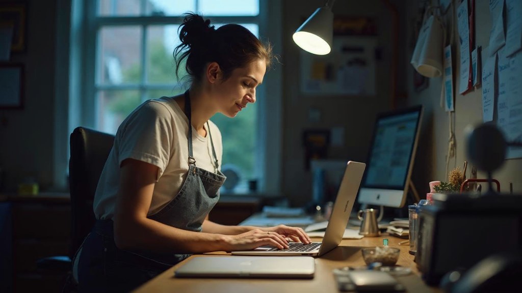 A small-business owner in an apron leaning over a laptop on a cluttered back-office desk late in the day, photographed in Louisville