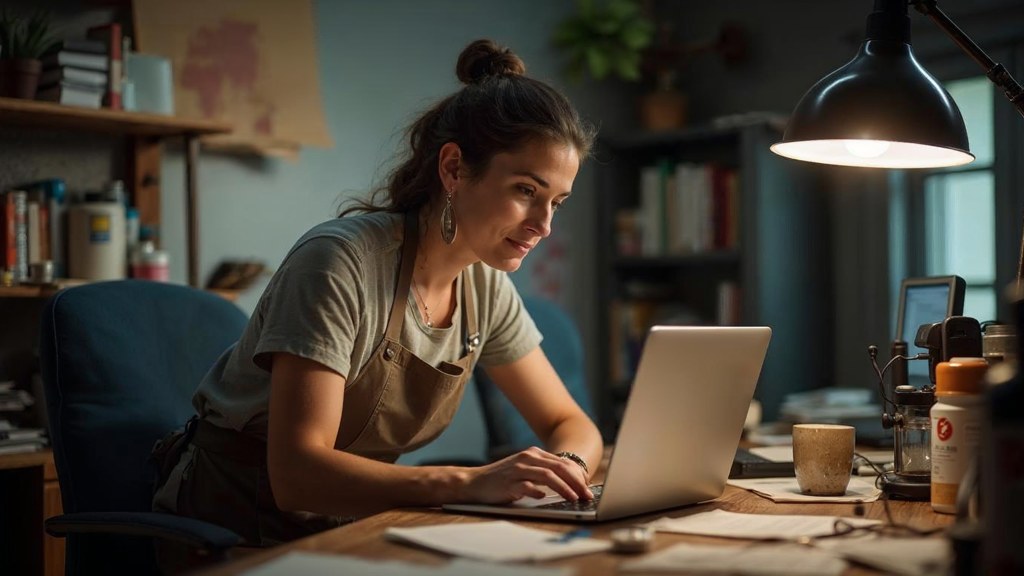 A small-business owner in an apron leaning over a laptop on a cluttered back-office desk late in the day, photographed in Louisville