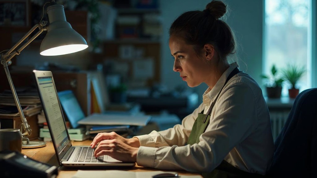 A small-business owner in an apron leaning over a laptop on a cluttered back-office desk late in the day, photographed in Louisville