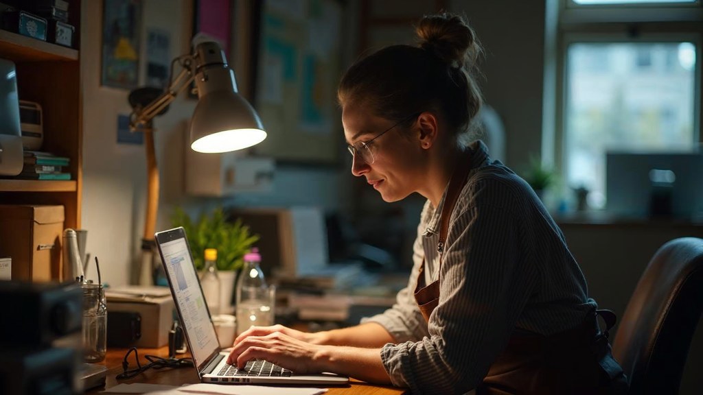 A small-business owner in an apron leaning over a laptop on a cluttered back-office desk late in the day, photographed in Louisville