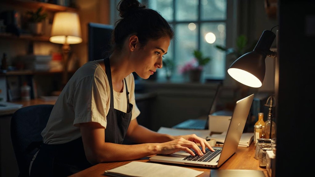 A small-business owner in an apron leaning over a laptop on a cluttered back-office desk late in the day, photographed in Louisville