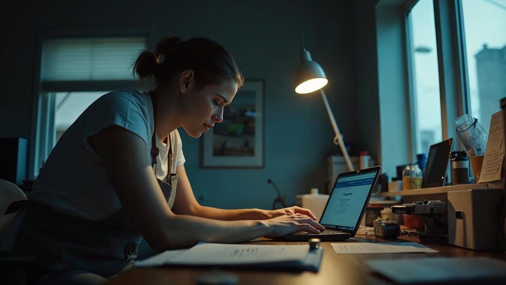 A small-business owner in an apron leaning over a laptop on a cluttered back-office desk late in the day, photographed in Lubbock