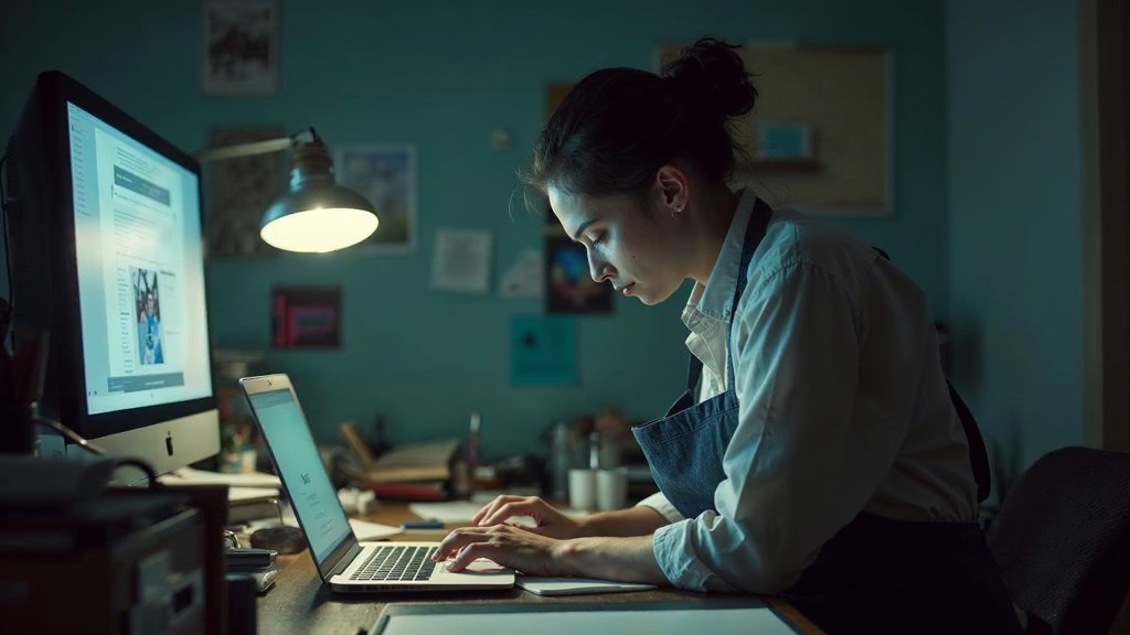 A small-business owner in an apron leaning over a laptop on a cluttered back-office desk late in the day, photographed in Lubbock