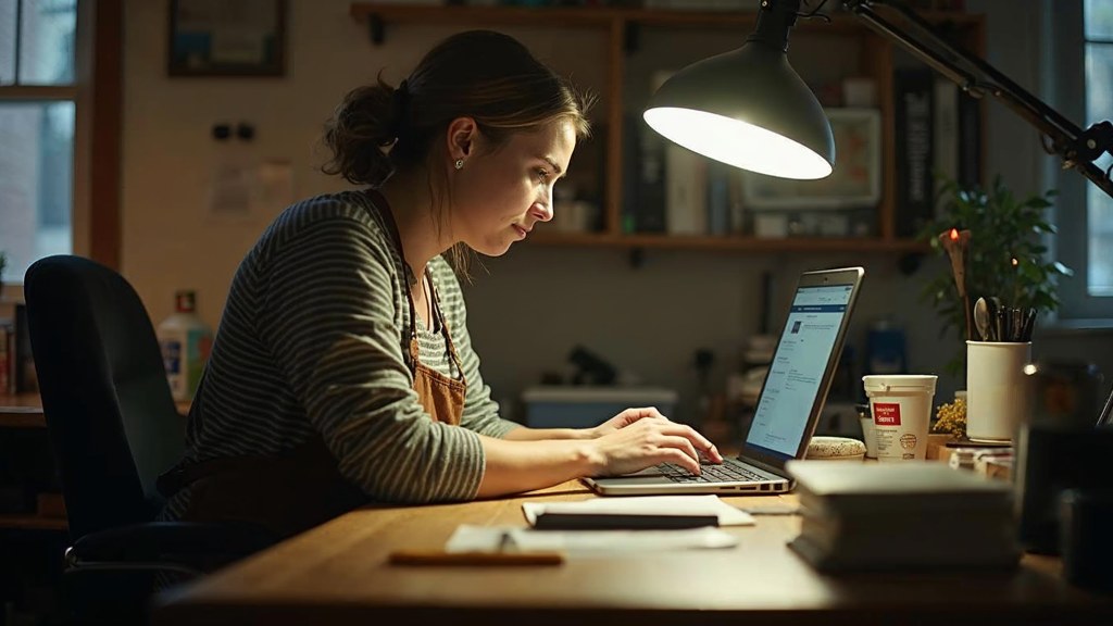 A small-business owner in an apron leaning over a laptop on a cluttered back-office desk late in the day, photographed in Lubbock