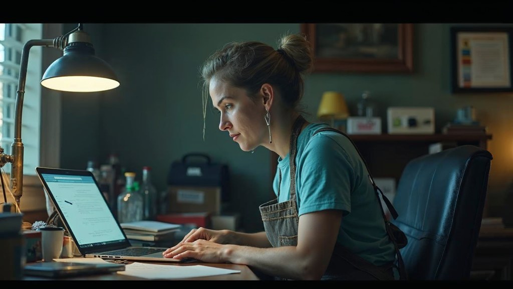 A small-business owner in an apron leaning over a laptop on a cluttered back-office desk late in the day, photographed in Lubbock
