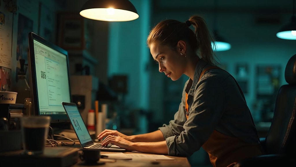 A small-business owner in an apron leaning over a laptop on a cluttered back-office desk late in the day, photographed in Lubbock