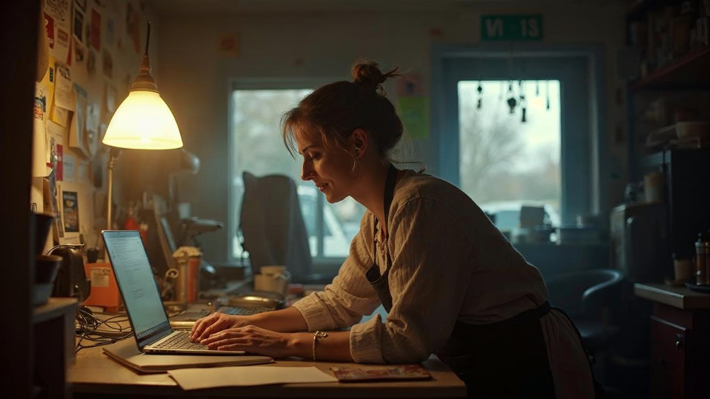 A small-business owner in an apron leaning over a laptop on a cluttered back-office desk late in the day, photographed in Lubbock
