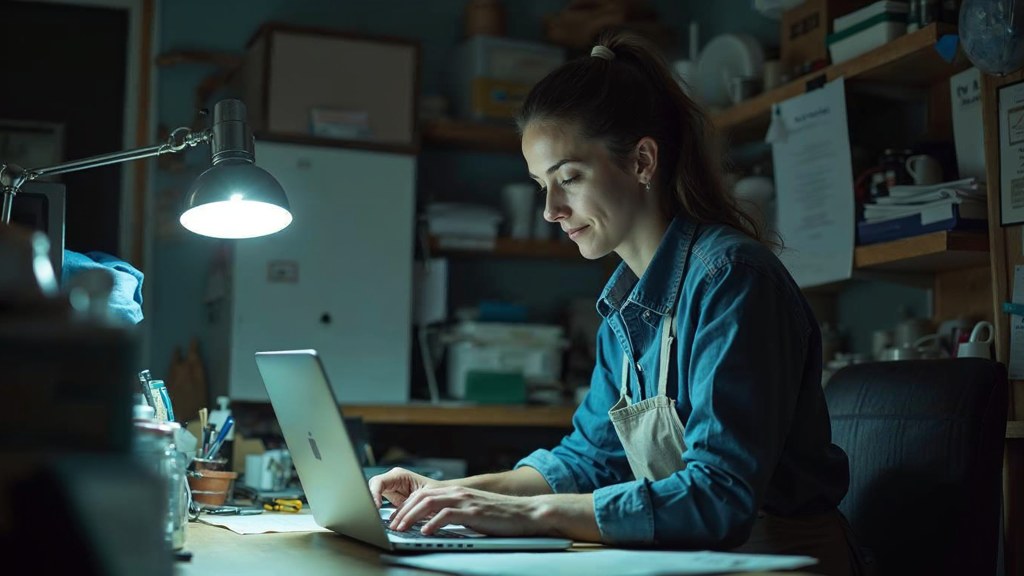A small-business owner in an apron leaning over a laptop on a cluttered back-office desk late in the day, photographed in Lubbock