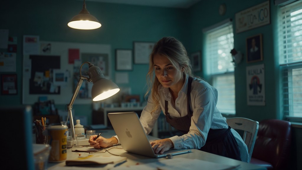 A small-business owner in an apron leaning over a laptop on a cluttered back-office desk late in the day, photographed in Lubbock