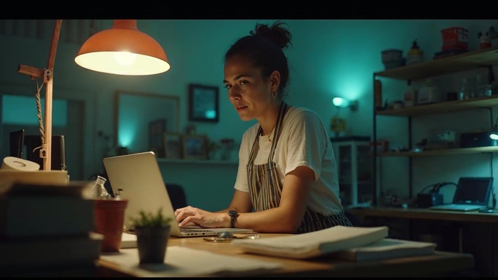 A small-business owner in an apron leaning over a laptop on a cluttered back-office desk late in the day, photographed in Lubbock