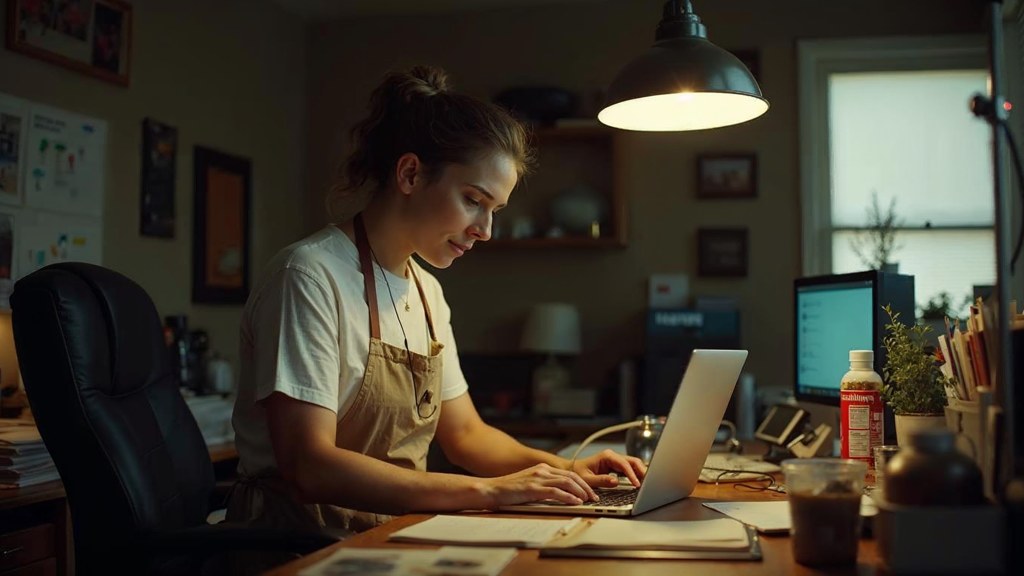 A small-business owner in an apron leaning over a laptop on a cluttered back-office desk late in the day, photographed in Lubbock