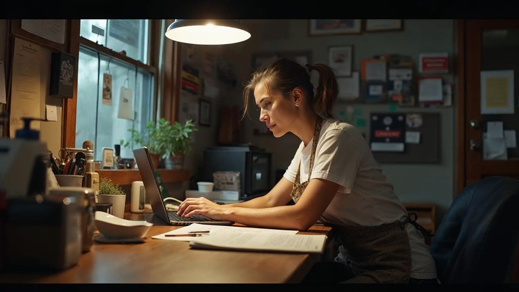 A small-business owner in an apron leaning over a laptop on a cluttered back-office desk late in the day, photographed in Lubbock