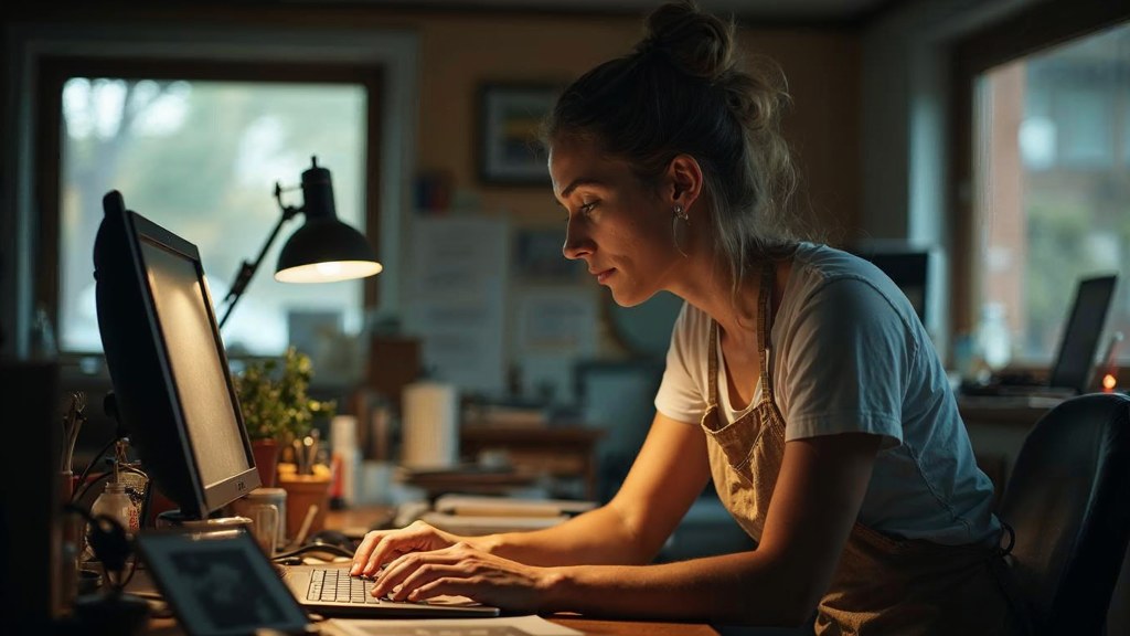 A small-business owner in an apron leaning over a laptop on a cluttered back-office desk late in the day, photographed in Lubbock