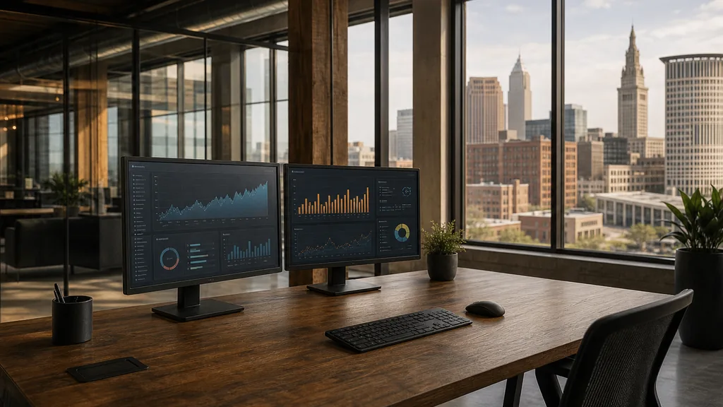 Editorial photograph of a Cleveland Ohio City office, reclaimed timber and industrial glazing in grey-gold daylight