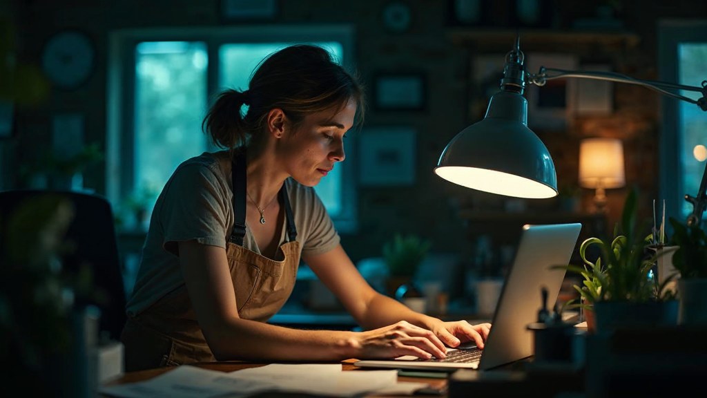 A small-business owner in an apron leaning over a laptop on a cluttered back-office desk late in the day, photographed in London