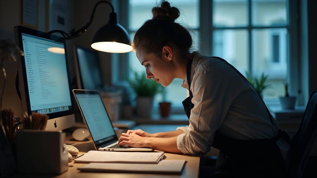 A small-business owner in an apron leaning over a laptop on a cluttered back-office desk late in the day, photographed in London