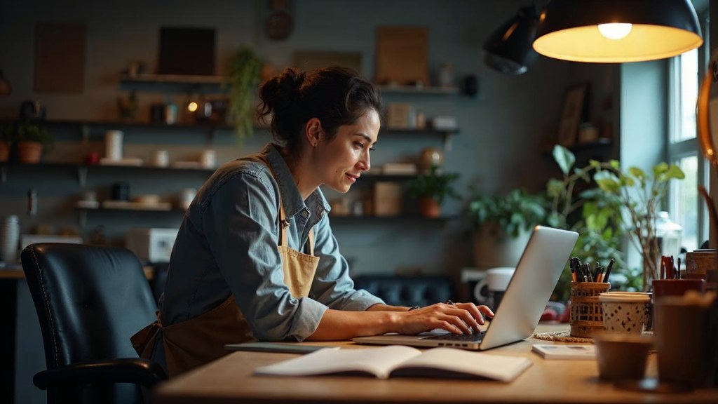 A small-business owner in an apron leaning over a laptop on a cluttered back-office desk late in the day, photographed in Liverpool