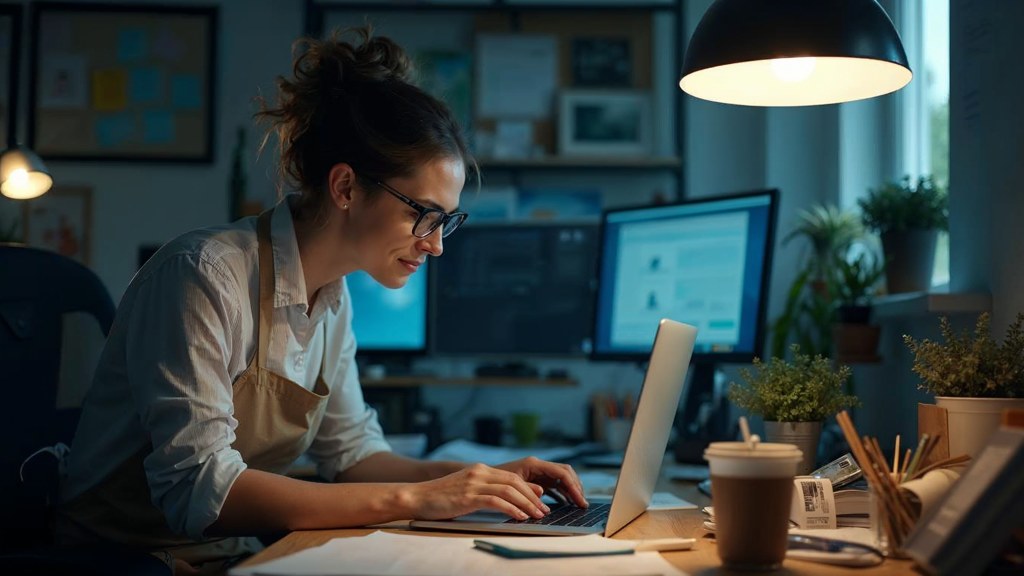 A small-business owner in an apron leaning over a laptop on a cluttered back-office desk late in the day, photographed in London