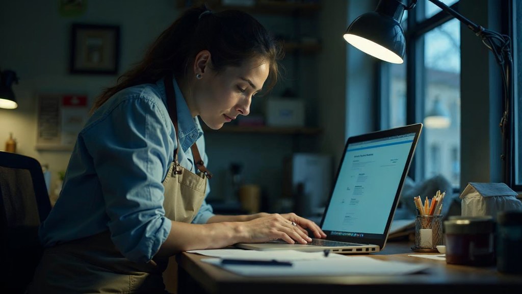 A small-business owner in an apron leaning over a laptop on a cluttered back-office desk late in the day, photographed in London