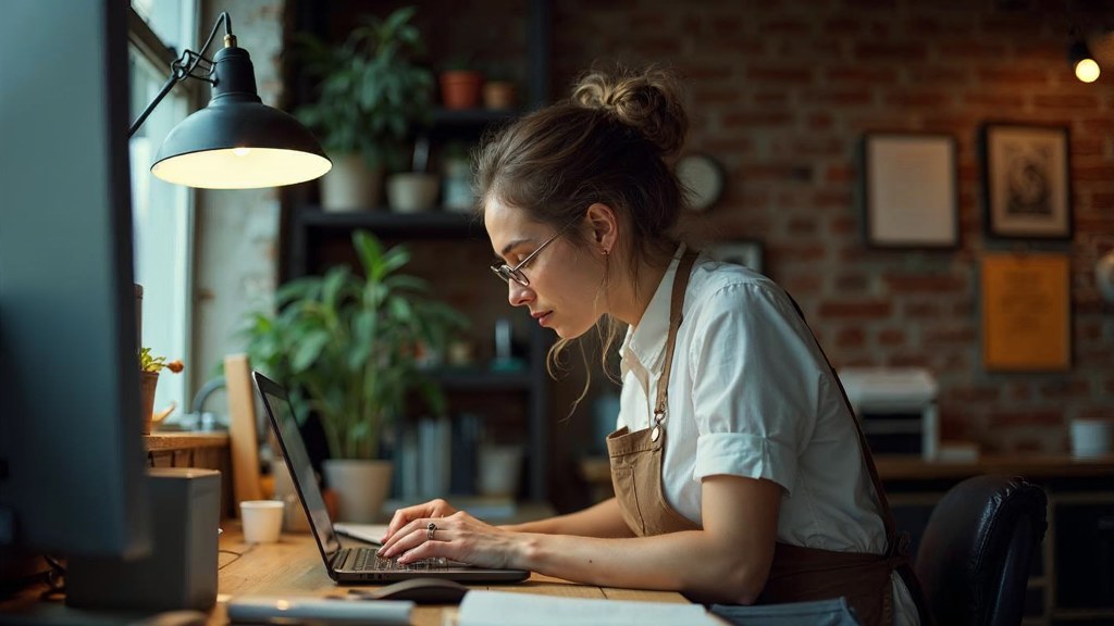 A small-business owner in an apron leaning over a laptop on a cluttered back-office desk late in the day, photographed in Madison