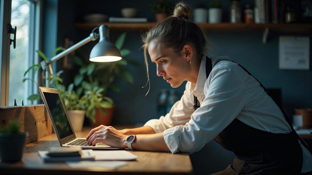 A small-business owner in an apron leaning over a laptop on a cluttered back-office desk late in the day, photographed in Madison